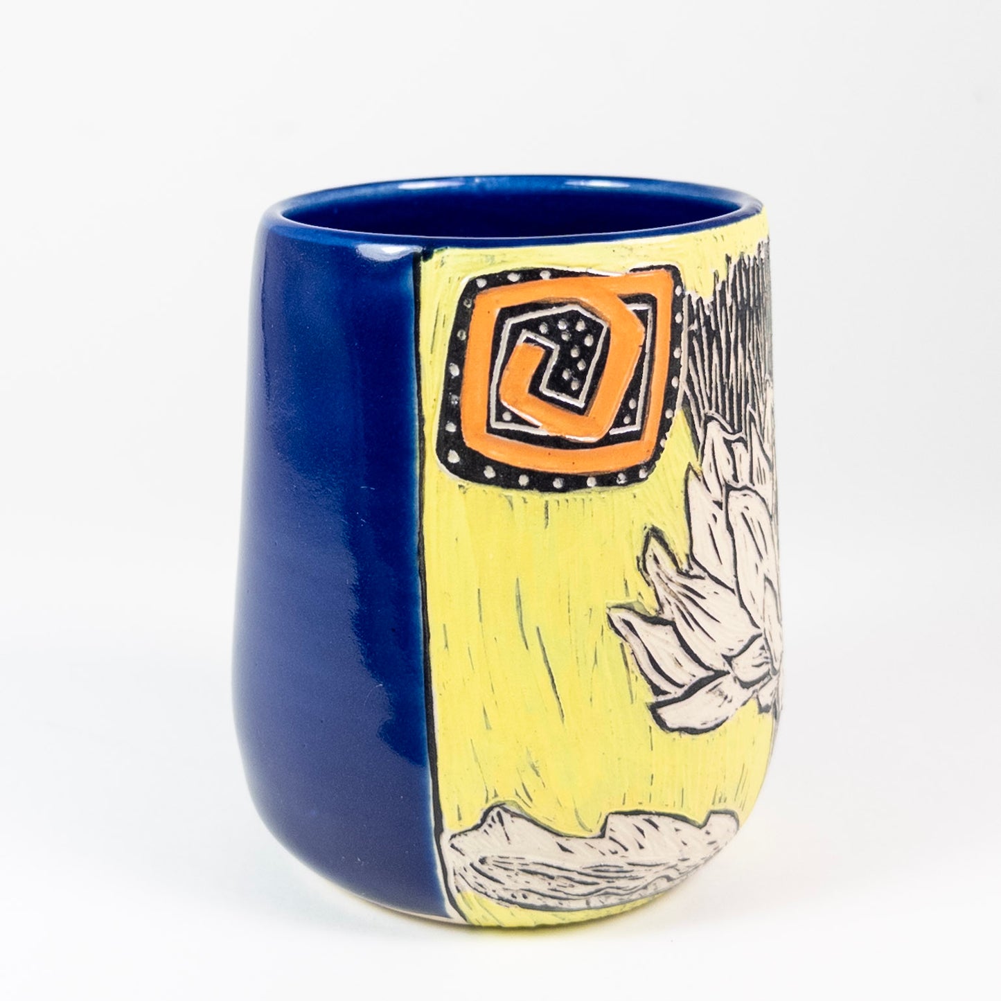 Tumbler #2 - Thistle and Orange Sun - Cobalt Glaze