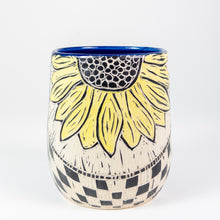 Load image into Gallery viewer, Tumbler #3 - Yellow Sunflower with Checkered Border - Cobalt Glaze