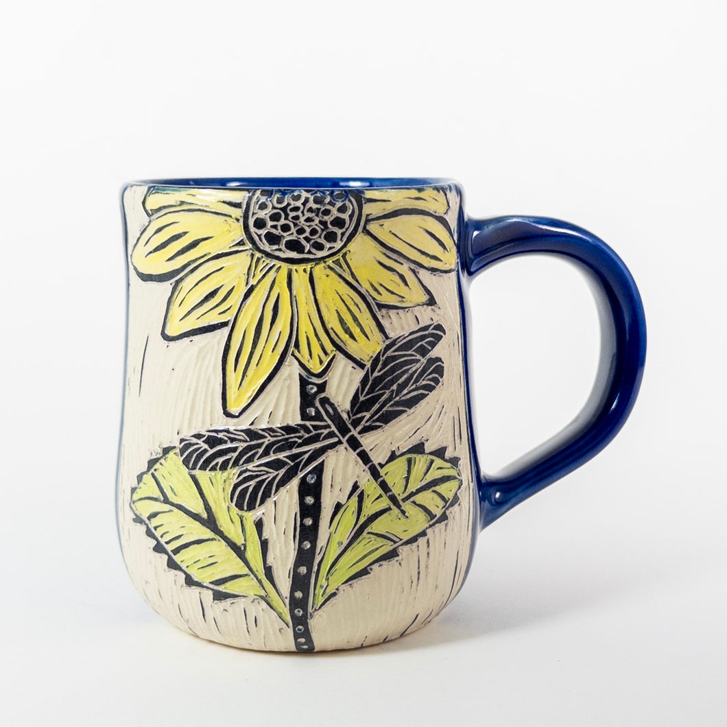 Mug #65 - Sunflower and Dragonfly - Cobalt Glaze
