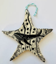 Load image into Gallery viewer, sea star ornament, handmade, sgraffito image of humpback whale on stoneware ornament