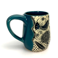 Load image into Gallery viewer, Mug #07 - Birds and Graphic Flowers with Teal Blue Glaze