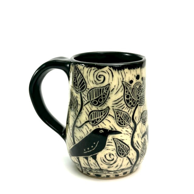 Mug #09 - Quirky Crows and Black Matte Glaze
