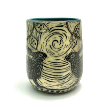 Load image into Gallery viewer, Mug #23 - Woodcut Rabbits with Teal Blue Glaze