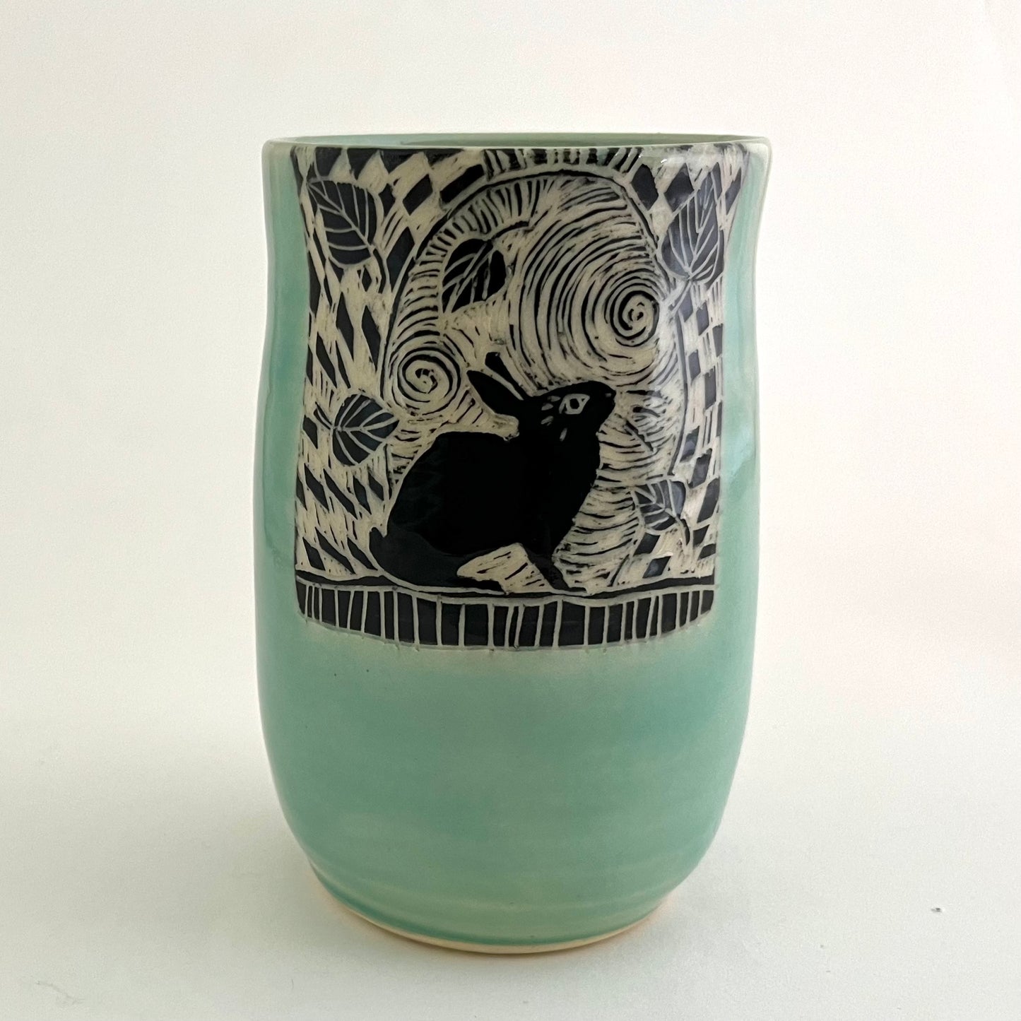 13- Tumbler- #2- Rabbit with Leaves - Celadon Glaze