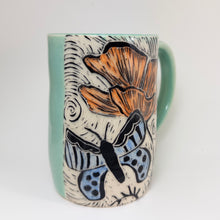 Load image into Gallery viewer, Mug #76 - Butterfly and Poppy - Celadon Glaze