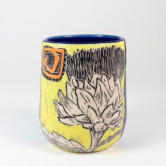 Tumbler #2 - Thistle and Orange Sun - Cobalt Glaze