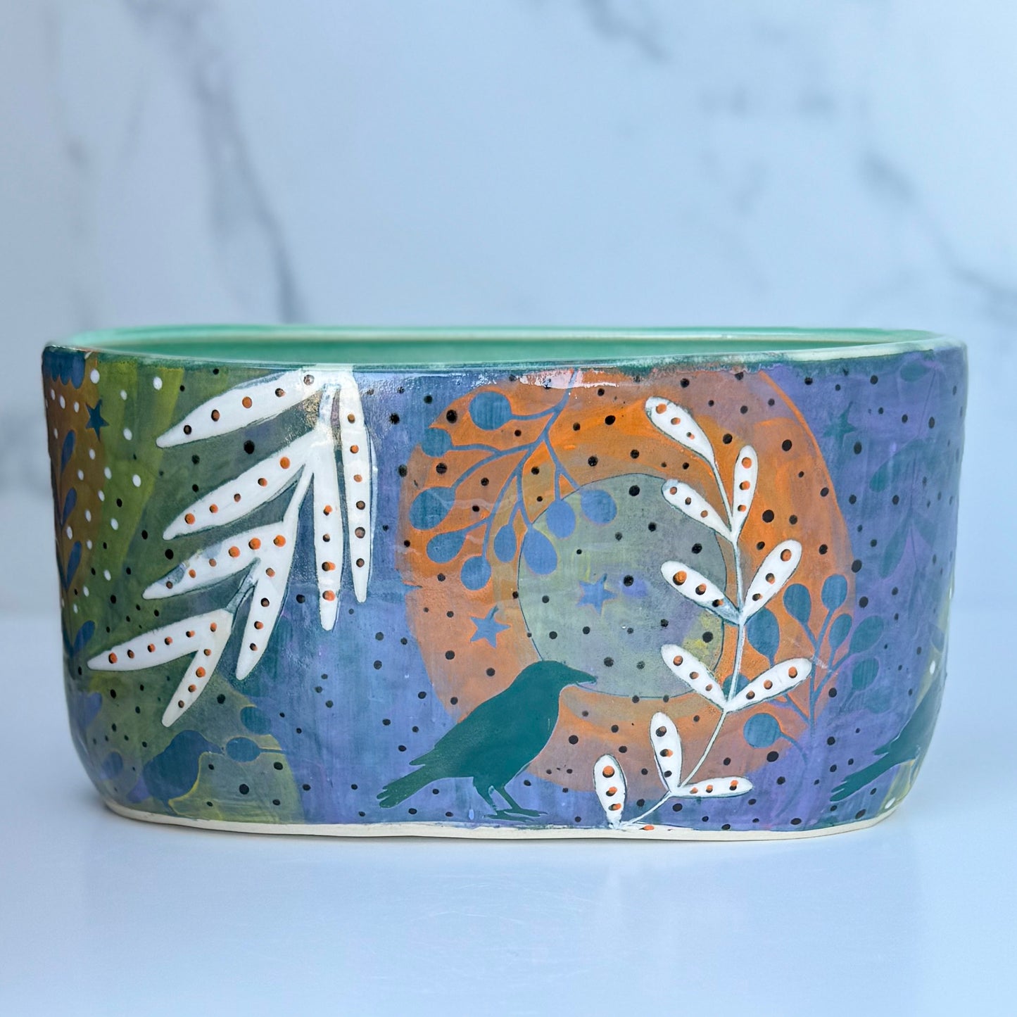 60 - VESSEL/ VASE/ PLANTER: Five Crows on the Sunset Trail