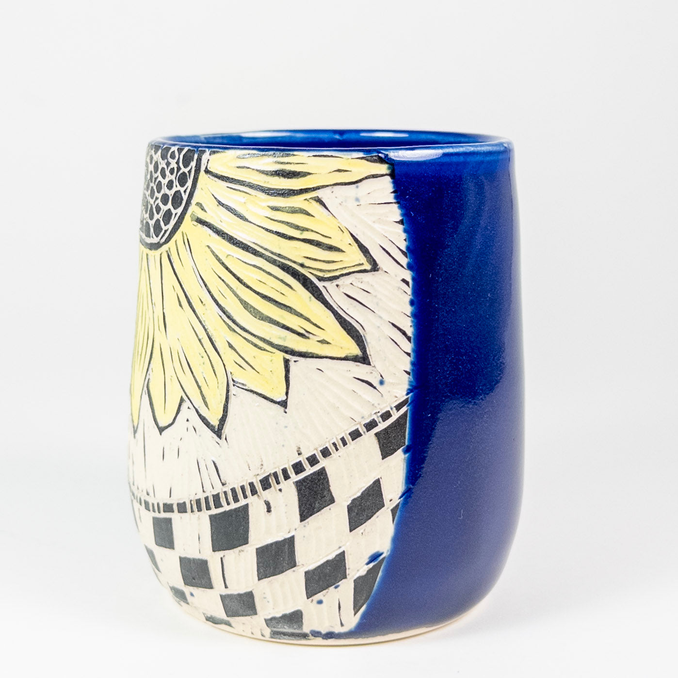 Tumbler #3 - Yellow Sunflower with Checkered Border - Cobalt Glaze