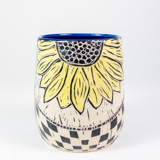 Tumbler #3 - Yellow Sunflower with Checkered Border - Cobalt Glaze