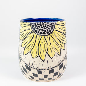 Tumbler #3 - Yellow Sunflower with Checkered Border - Cobalt Glaze