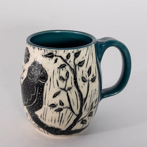 Mug #46 - Give a Hoot - Woodcut Owl with Teal Glaze
