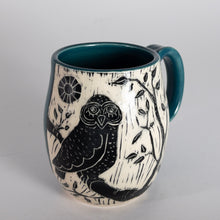 Load image into Gallery viewer, Mug #46 - Give a Hoot - Woodcut Owl with Teal Glaze
