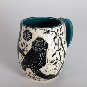 Mug #46 - Give a Hoot - Woodcut Owl with Teal Glaze
