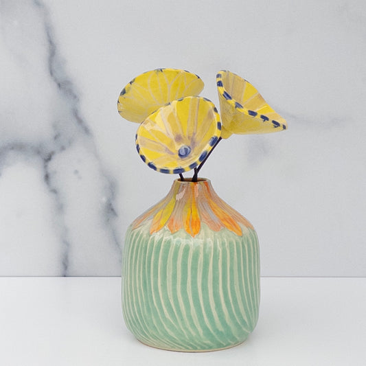 51 - FLOWER BOUQUET: Carved Vase and Yellow Blooms