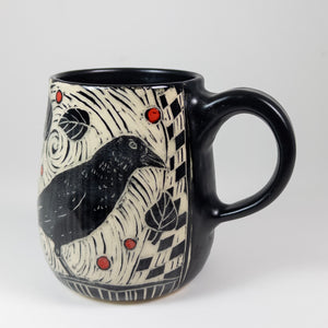 Mug #54 - Crow about It with Red Dots - Black Matte Glaze