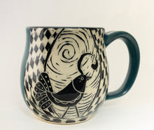 Load image into Gallery viewer, Mug #8 - Graphic Bird in Black/White and Teal Glaze
