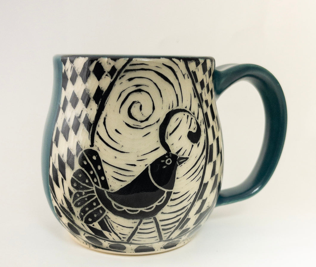 Mug #8 - Graphic Bird in Black/White and Teal Glaze