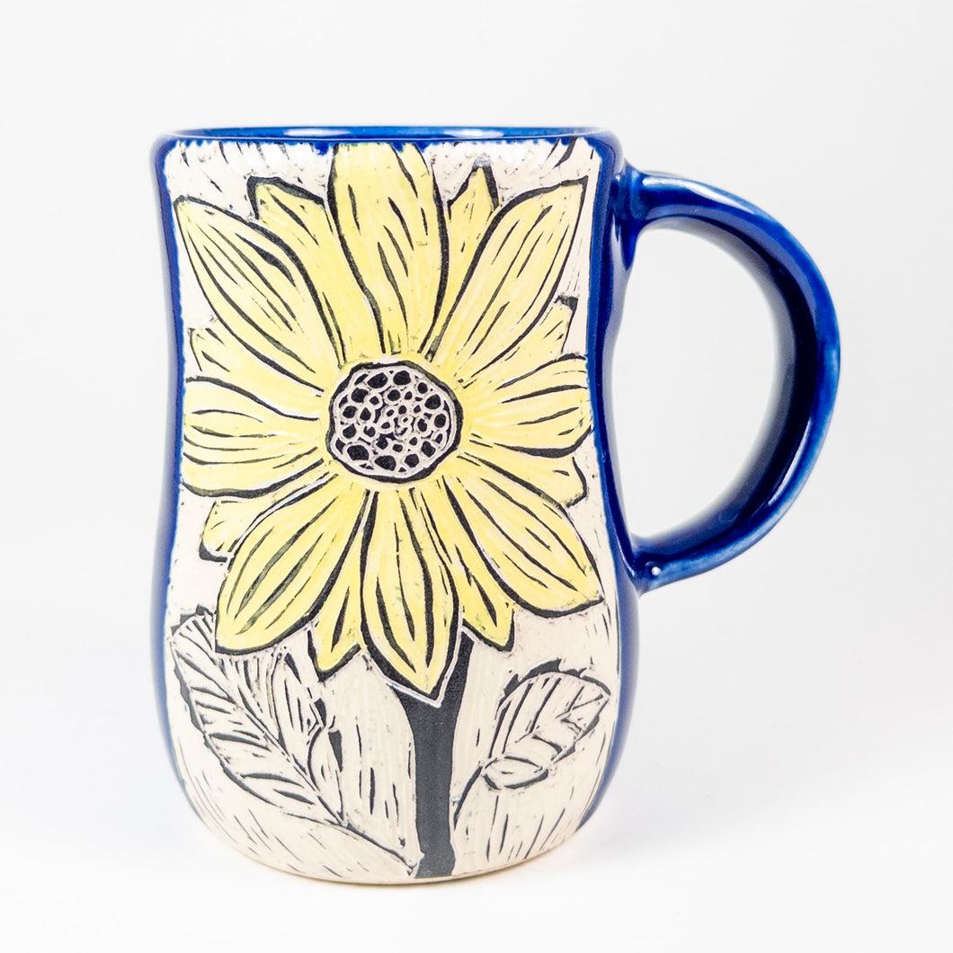 Mug #61 - Woodcut Sunflower - Cobalt Glaze