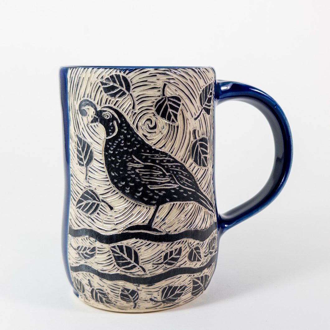 Mug #64 - Quail with Swirling Leaves and Cobalt Glaze