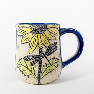 Mug #65 - Sunflower and Dragonfly - Cobalt Glaze