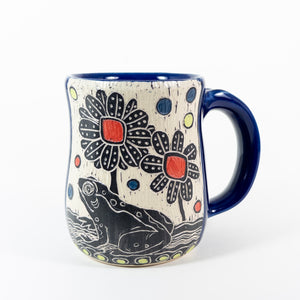 Mug #66 -Woodcut Frog with Red Flowers - Cobalt Glaze