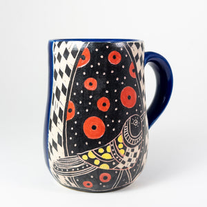 Mug #67 - Graphic Bird with Red Dots - Cobalt Glaze