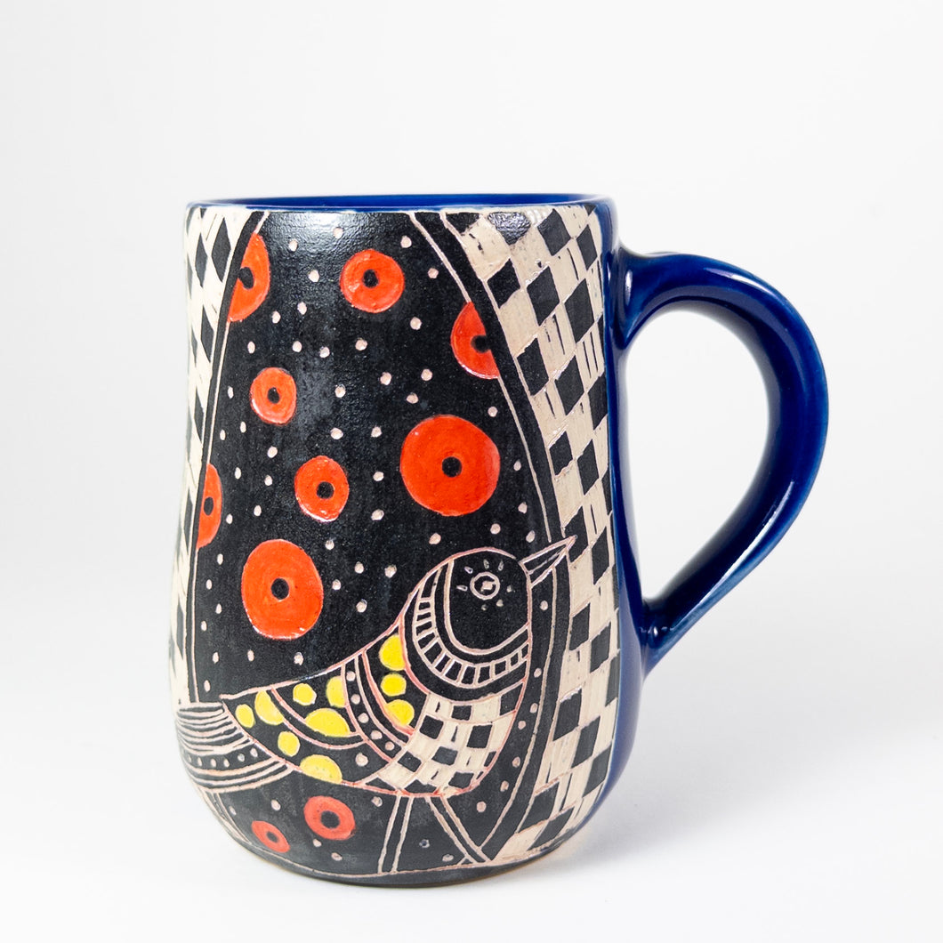 Mug #67 - Graphic Bird with Red Dots - Cobalt Glaze