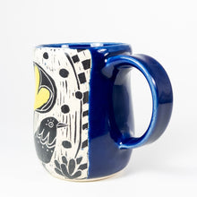 Load image into Gallery viewer, Mug #68 - Yellow Bloom and Fancy Bird - Cobalt Glaze
