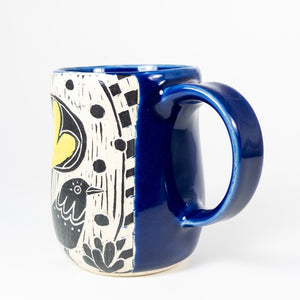 Mug #68 - Yellow Bloom and Fancy Bird - Cobalt Glaze