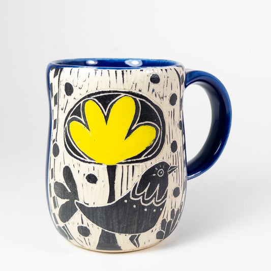Mug #68 - Yellow Bloom and Fancy Bird - Cobalt Glaze