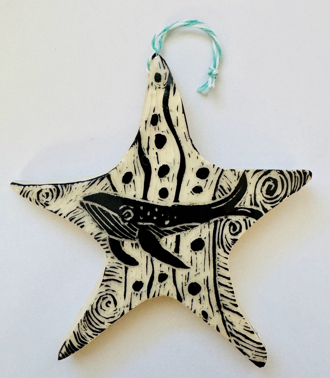 sea star ornament, handmade, sgraffito image of humpback whale on stoneware ornament
