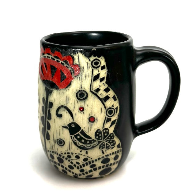Mug #05 - Birds and Red Flowers with Black Matte Glaze