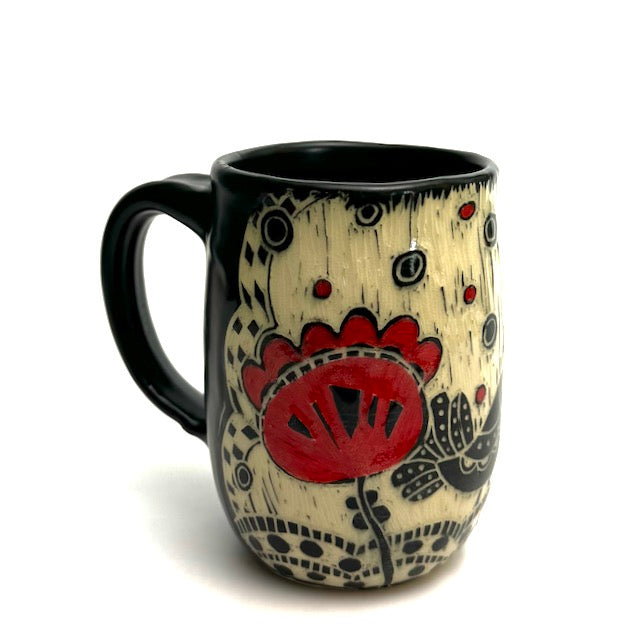 Mug #05 - Birds and Red Flowers with Black Matte Glaze