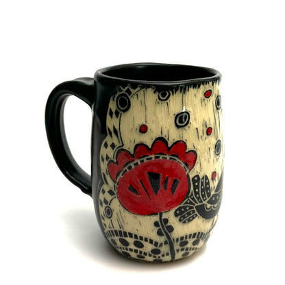 Mug #05 - Birds and Red Flowers with Black Matte Glaze