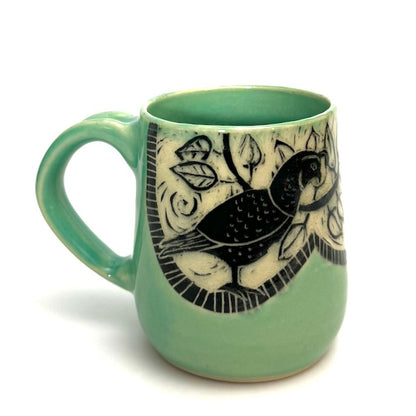 Mug #06 - Quail Duet with Celedon Glaze