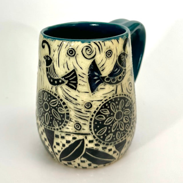 Mug #07 - Birds and Graphic Flowers with Teal Blue Glaze