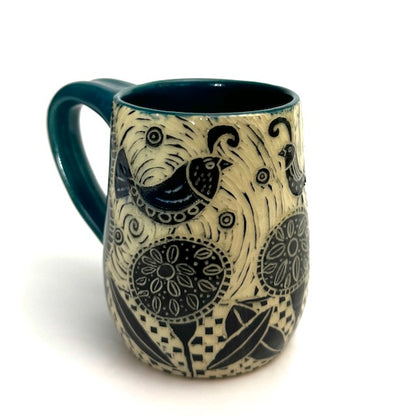 Mug #07 - Birds and Graphic Flowers with Teal Blue Glaze