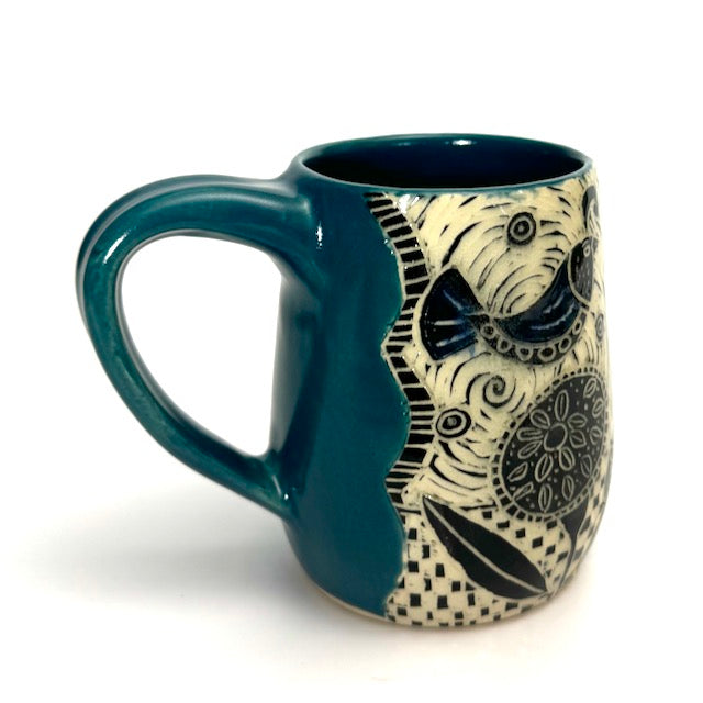 Mug #07 - Birds and Graphic Flowers with Teal Blue Glaze