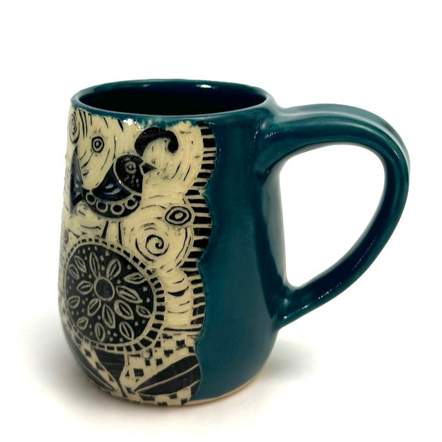 Mug #07 - Birds and Graphic Flowers with Teal Blue Glaze