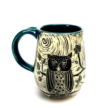 Load image into Gallery viewer, Mug #08 - Owl Trio with Teal Blue Glaze
