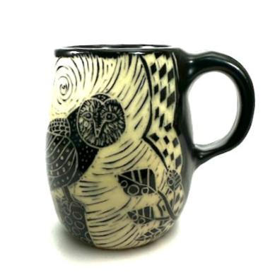 Mug #10 - Woodcut Owl with Black Matte Glaze