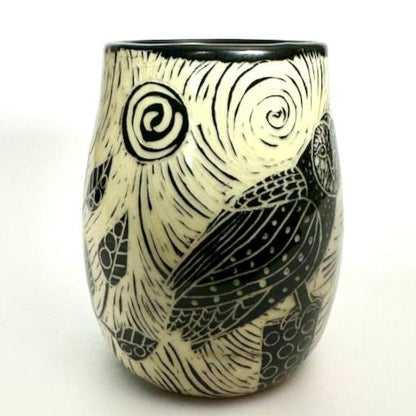 Mug #10 - Woodcut Owl with Black Matte Glaze