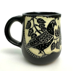 Mug #11 - Woodcut Quail and Black Matte Glaze