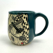 Load image into Gallery viewer, Mug #15 - Dragonfly Duet and Graphic Flowers with Red Dots and Teal Blue Glaze
