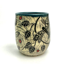 Load image into Gallery viewer, Mug #15 - Dragonfly Duet and Graphic Flowers with Red Dots and Teal Blue Glaze
