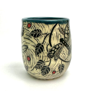 Mug #15 - Dragonfly Duet and Graphic Flowers with Red Dots and Teal Blue Glaze