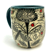 Load image into Gallery viewer, Mug #15 - Dragonfly Duet and Graphic Flowers with Red Dots and Teal Blue Glaze
