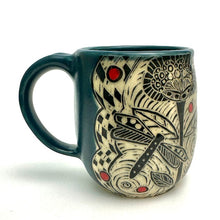 Load image into Gallery viewer, Mug #15 - Dragonfly Duet and Graphic Flowers with Red Dots and Teal Blue Glaze
