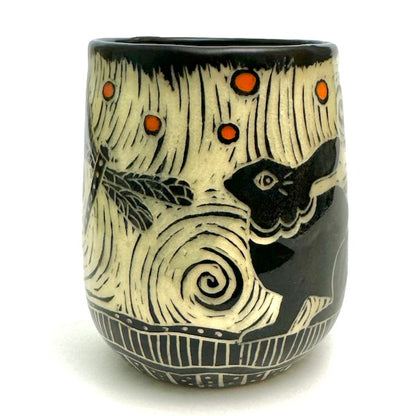Mug #16 - Woodcut Rabbit with Dragonflies and Orange Dots