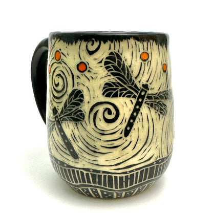 Mug #16 - Woodcut Rabbit with Dragonflies and Orange Dots
